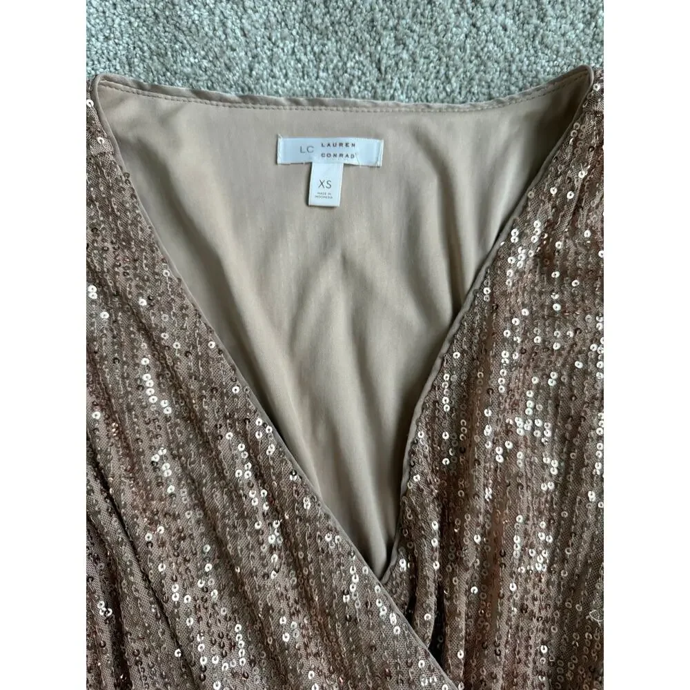 Lauren Conrad Rose Gold Sequin Wrap Mini Dress - XS - Picture 6 of 6